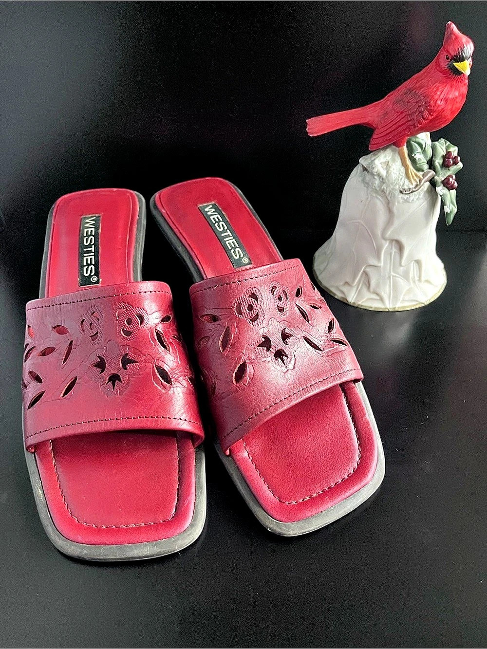 WESTIES Floral Cutout Block Heel Mules in Red